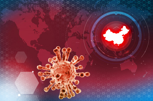 A map of china and picture of coronavirus