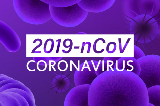 Purple bubbles on purlpe banner written 2019-nCov CORONAVIRUS