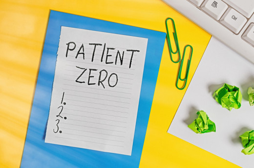 A white paper on blue background written 'Patient zero'