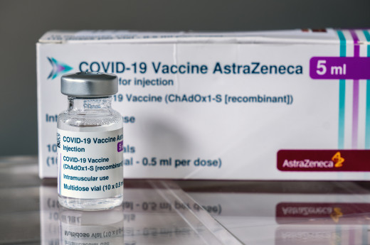 Vial of AstraZeneca covid19 vaccine in front of vaccine box